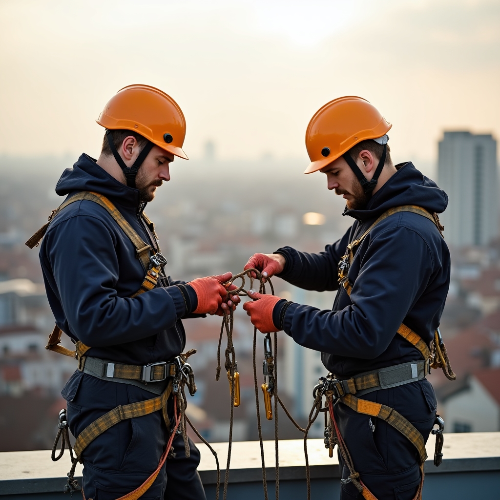 Echipă pregătindu-se pentru alpinism utilitar la o clădire comercială