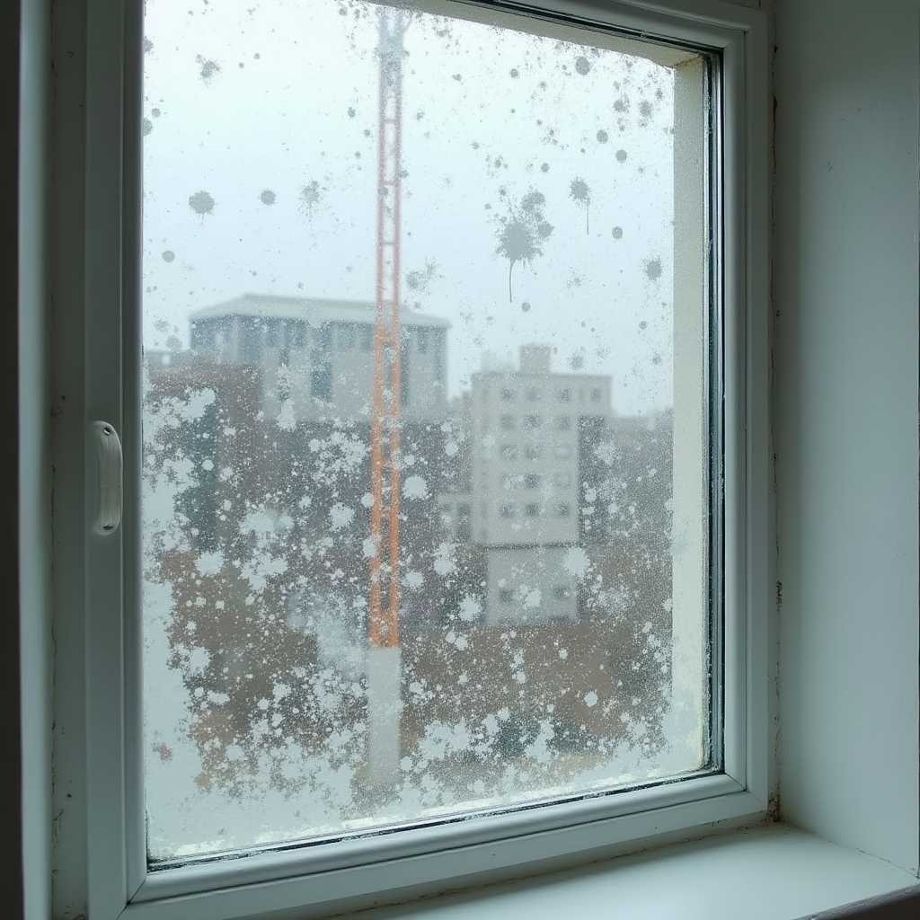 Geam cu reziduuri de ciment și adeziv după lucrări de renovare