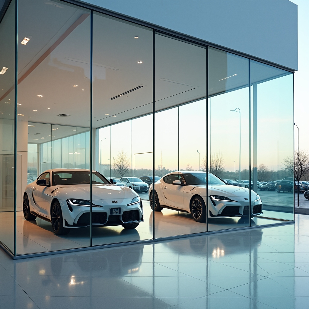 Showroom auto cu vitrine curate și reflexii perfecte