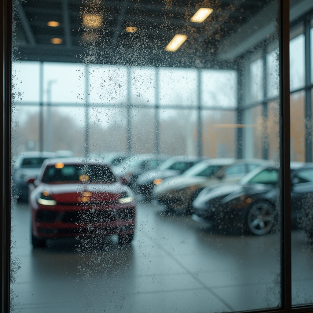 Vitrină showroom auto cu urme de apă și praf înainte de curățare
